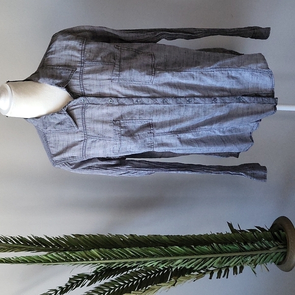 Maurices semi sheer gray button down top with crinkle sleeves - Picture 1 of 12